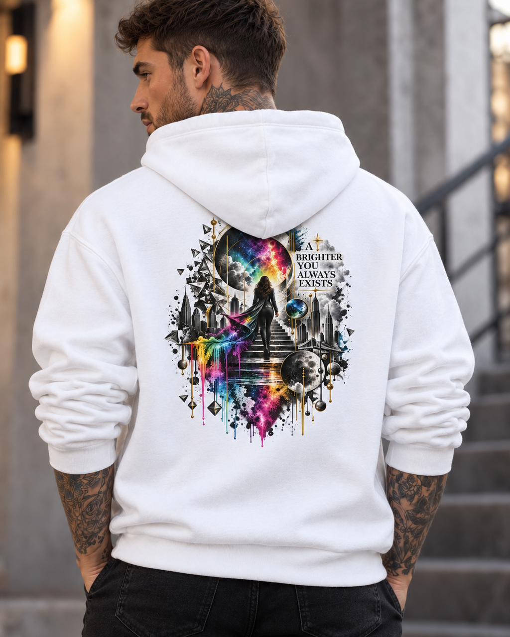 Male model wearing a white Personiq Kaleido hoodie with rolled-up sleeves, featuring a surreal cosmic neon rainbow back print and the statement “A Brighter You Always Exists.”