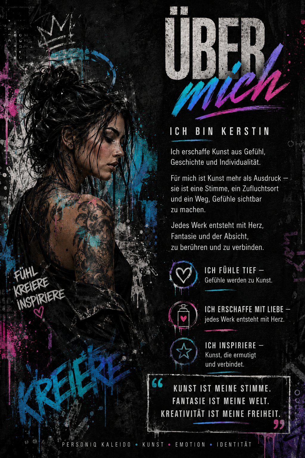 Graffiti-style „Über mich“-Artwork von Personiq Kaleido mit einer tätowierten dunkelhaarigen Frau vor schwarzem Urban-Hintergrund, Neon-Farbspritzern in Türkis, Pink und Violett sowie Texten über Kreativität, Emotion, Inspiration und künstlerische Identität.